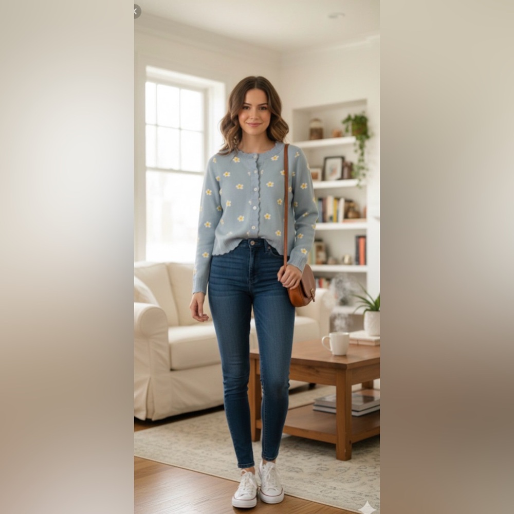 Greylin Blue Cardigan with White and Yellow Floral Design
